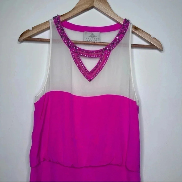 Madison Marcus NEW Neiman Marcus Hot Pink Silk Rhinestone Mini Blouson Dress XS - Picture 2 of 8